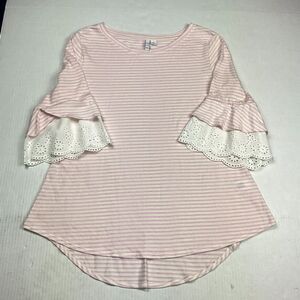 Elle Eyelet Knit Top Striped Flared Short Sleeve Casual Stretchy Shirt Medium